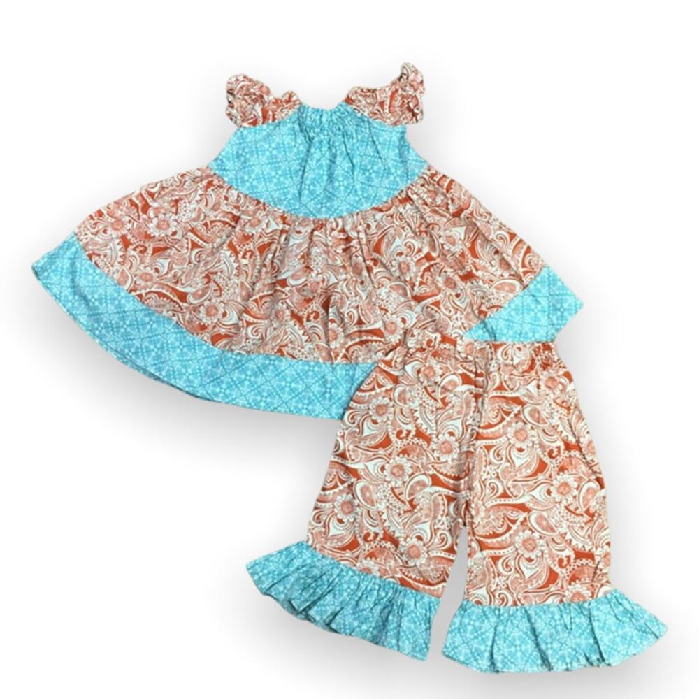 Hand Made‎ Girls Outfit Size 2 3 Tribal Paisley Orange Blue Ruffles Set Handmade
